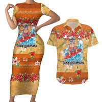 Hawaii Mele Kalikimaka Couples Matching Short Sleeve Bodycon Dress and Hawaiian Shirt Funny Santa Claus Surfing on Tropical Plants LT03 Multicolor - Polynesian Pride