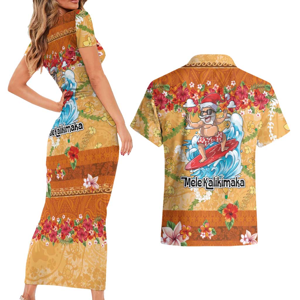 Hawaii Mele Kalikimaka Couples Matching Short Sleeve Bodycon Dress and Hawaiian Shirt Funny Santa Claus Surfing on Tropical Plants LT03 - Polynesian Pride
