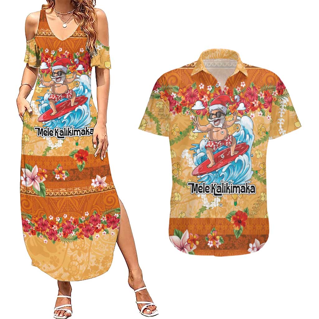 Hawaii Mele Kalikimaka Couples Matching Summer Maxi Dress and Hawaiian Shirt Funny Santa Claus Surfing on Tropical Plants LT03 Multicolor - Polynesian Pride