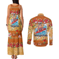 Hawaii Mele Kalikimaka Couples Matching Tank Maxi Dress and Long Sleeve Button Shirt Funny Santa Claus Surfing on Tropical Plants LT03 - Polynesian Pride