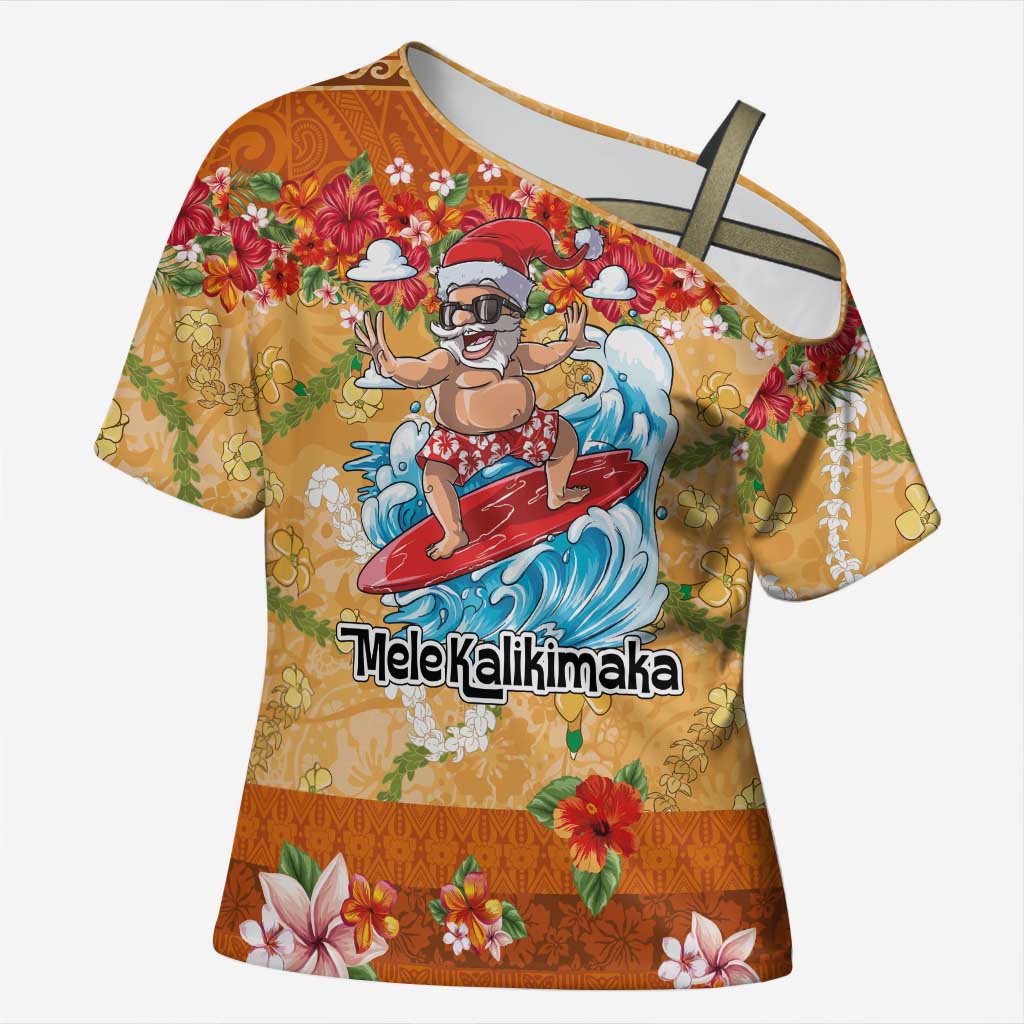 Hawaii Mele Kalikimaka Cross Shoulder Shirt Funny Santa Claus Surfing on Tropical Plants - Polynesian Pride
