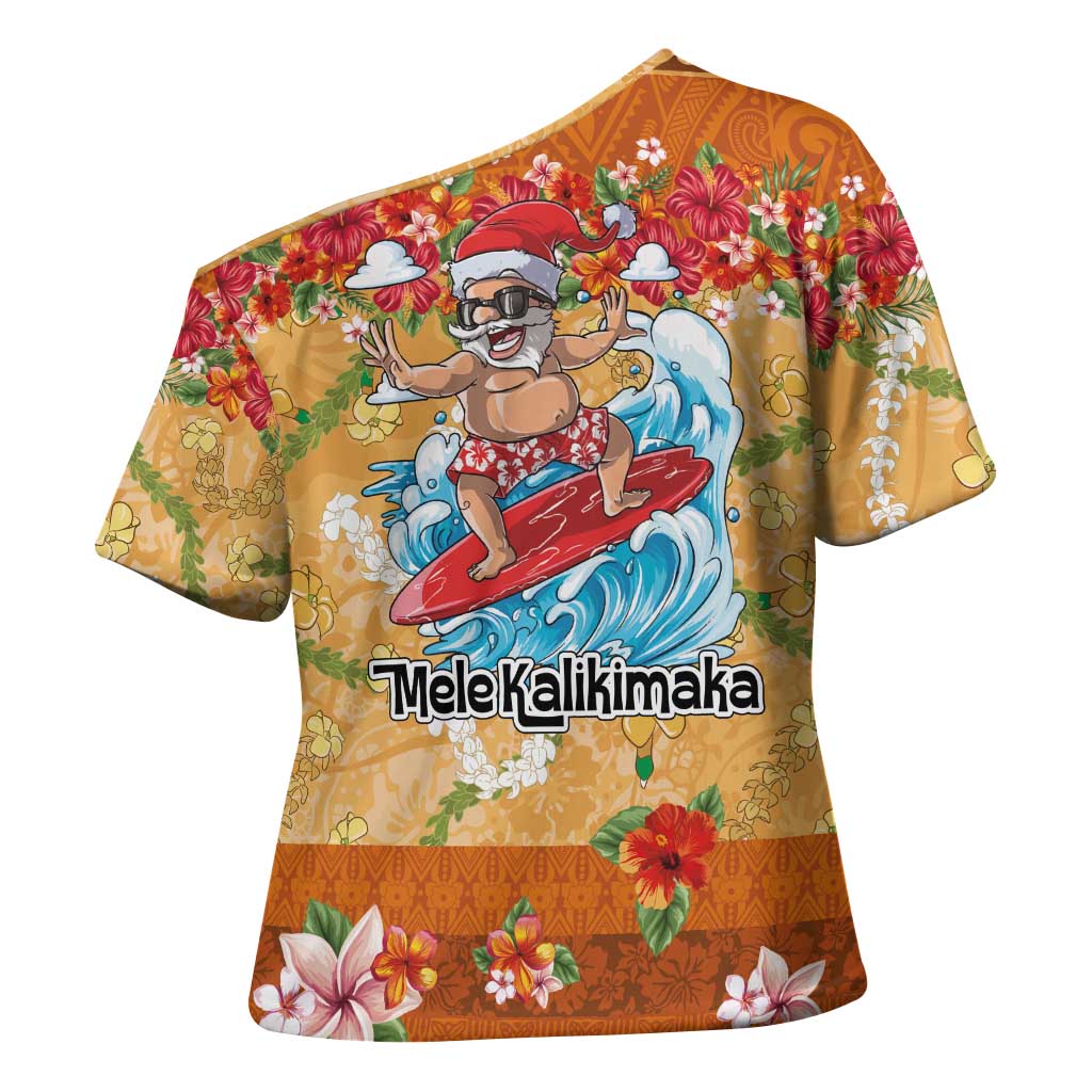 Hawaii Mele Kalikimaka Cross Shoulder Shirt Funny Santa Claus Surfing on Tropical Plants - Polynesian Pride