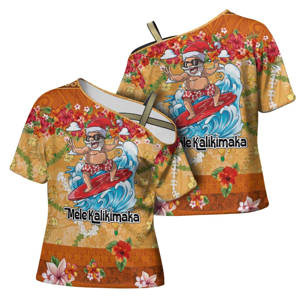Hawaii Mele Kalikimaka Cross Shoulder Shirt Funny Santa Claus Surfing on Tropical Plants - Polynesian Pride