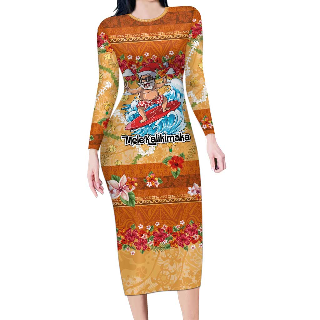Hawaii Mele Kalikimaka Family Matching Long Sleeve Bodycon Dress and Hawaiian Shirt Funny Santa Claus Surfing on Tropical Plants LT03 Mom's Dress Multicolor - Polynesian Pride