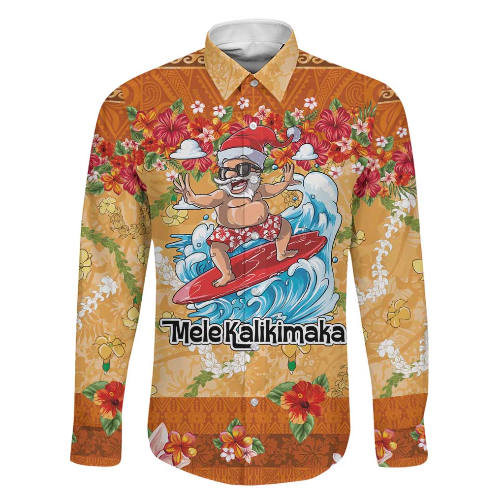 Hawaii Mele Kalikimaka Family Matching Off Shoulder Maxi Dress and Hawaiian Shirt Funny Santa Claus Surfing on Tropical Plants LT03 Dad's Shirt - Long Sleeve Multicolor - Polynesian Pride