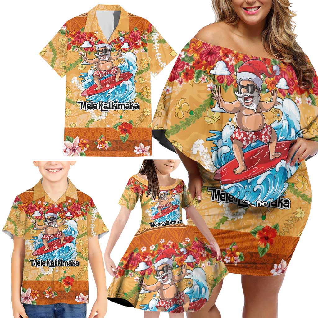 Hawaii Mele Kalikimaka Family Matching Off Shoulder Short Dress and Hawaiian Shirt Funny Santa Claus Surfing on Tropical Plants - Polynesian Pride