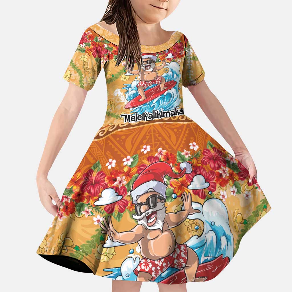Hawaii Mele Kalikimaka Family Matching Short Sleeve Bodycon Dress and Hawaiian Shirt Funny Santa Claus Surfing on Tropical Plants LT03 Daughter's Dress Multicolor - Polynesian Pride