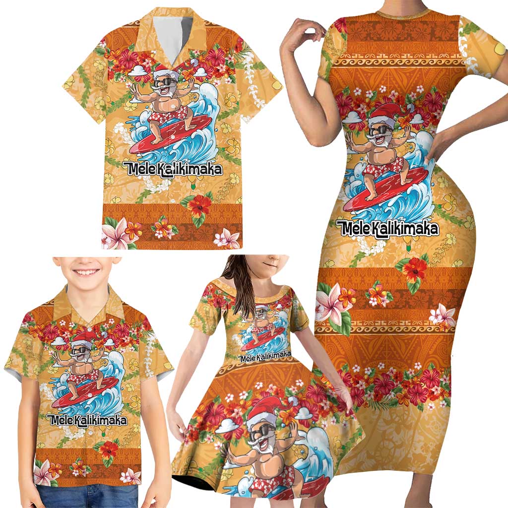 Hawaii Mele Kalikimaka Family Matching Short Sleeve Bodycon Dress and Hawaiian Shirt Funny Santa Claus Surfing on Tropical Plants LT03 - Polynesian Pride
