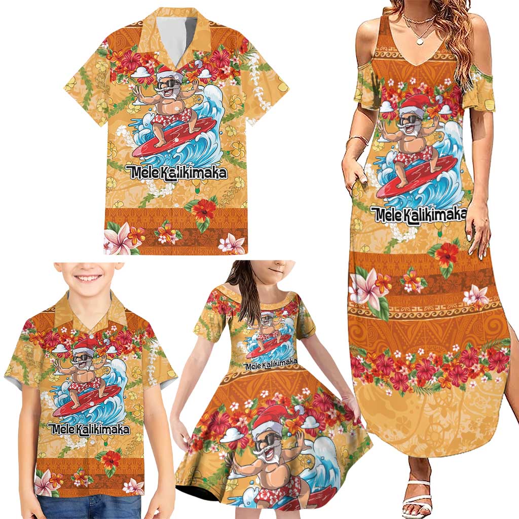 Hawaii Mele Kalikimaka Family Matching Summer Maxi Dress and Hawaiian Shirt Funny Santa Claus Surfing on Tropical Plants LT03 - Polynesian Pride