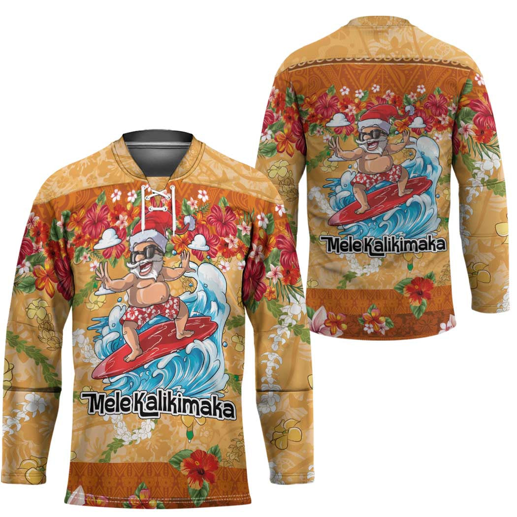 Hawaii Mele Kalikimaka Hockey Jersey Funny Santa Claus Surfing on Tropical Plants - Polynesian Pride