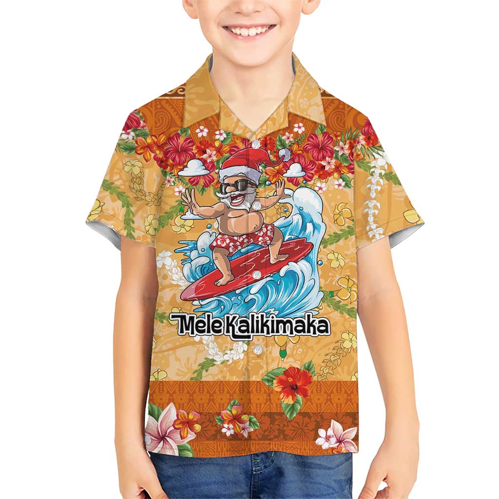 Hawaii Mele Kalikimaka Kid Hawaiian Shirt Funny Santa Claus Surfing on Tropical Plants - Polynesian Pride
