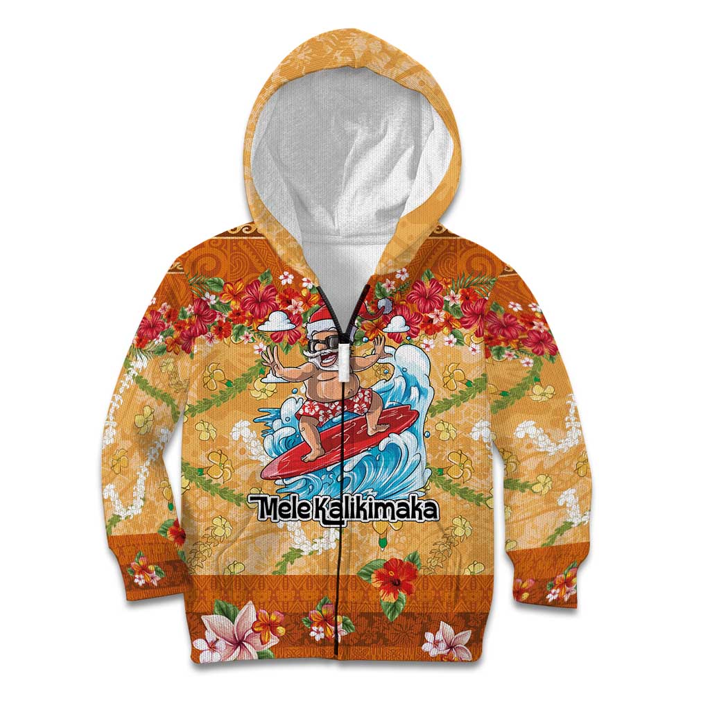 Hawaii Mele Kalikimaka Kid Hoodie Funny Santa Claus Surfing on Tropical Plants LT03 Zip Hoodie Multicolor - Polynesian Pride