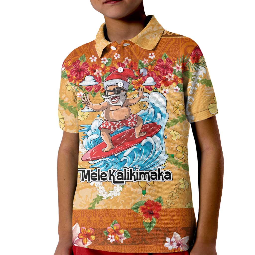Hawaii Mele Kalikimaka Kid Polo Shirt Funny Santa Claus Surfing on Tropical Plants - Polynesian Pride