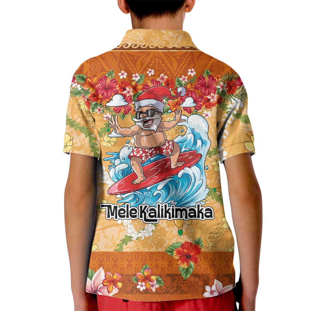 Hawaii Mele Kalikimaka Kid Polo Shirt Funny Santa Claus Surfing on Tropical Plants - Polynesian Pride