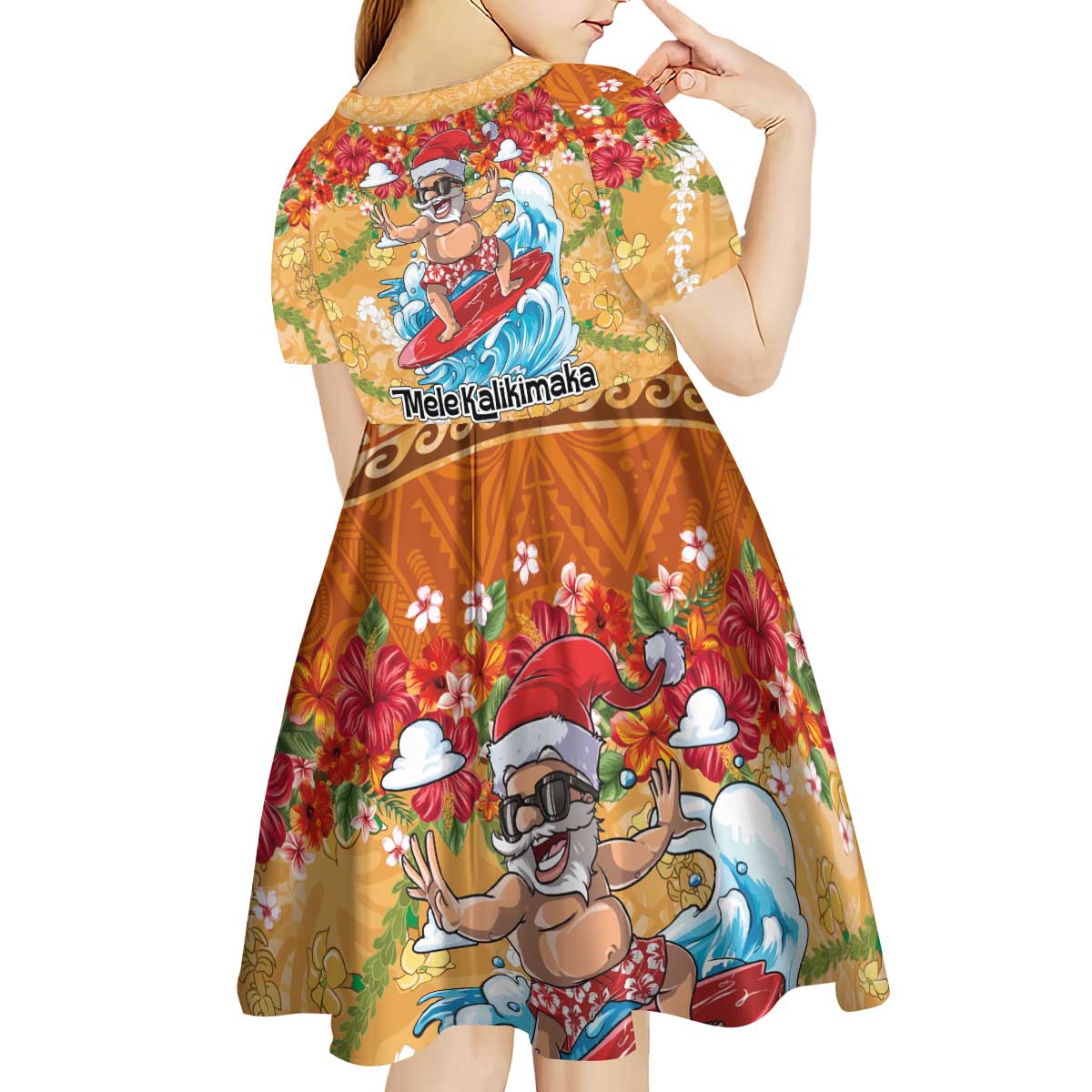Hawaii Mele Kalikimaka Kid Short Sleeve Dress Funny Santa Claus Surfing on Tropical Plants - Polynesian Pride