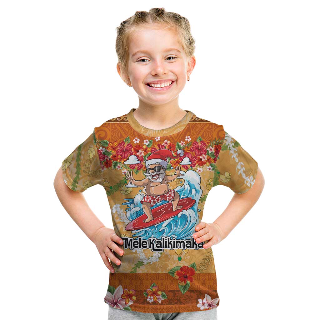 Hawaii Mele Kalikimaka Kid T Shirt Funny Santa Claus Surfing on Tropical Plants - Polynesian Pride