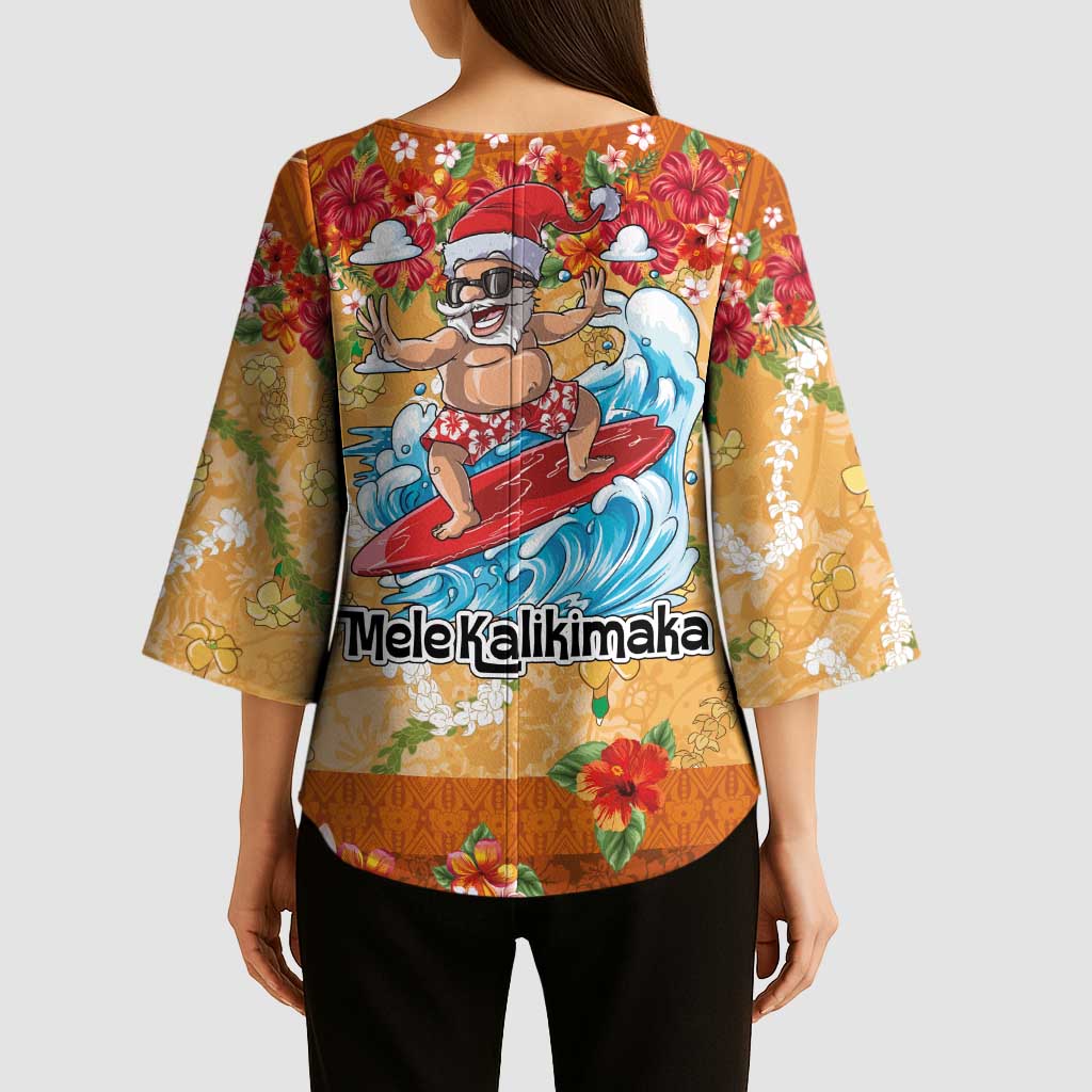 Hawaii Mele Kalikimaka Kimono Sleeve Blouse Funny Santa Claus Surfing on Tropical Plants - Polynesian Pride