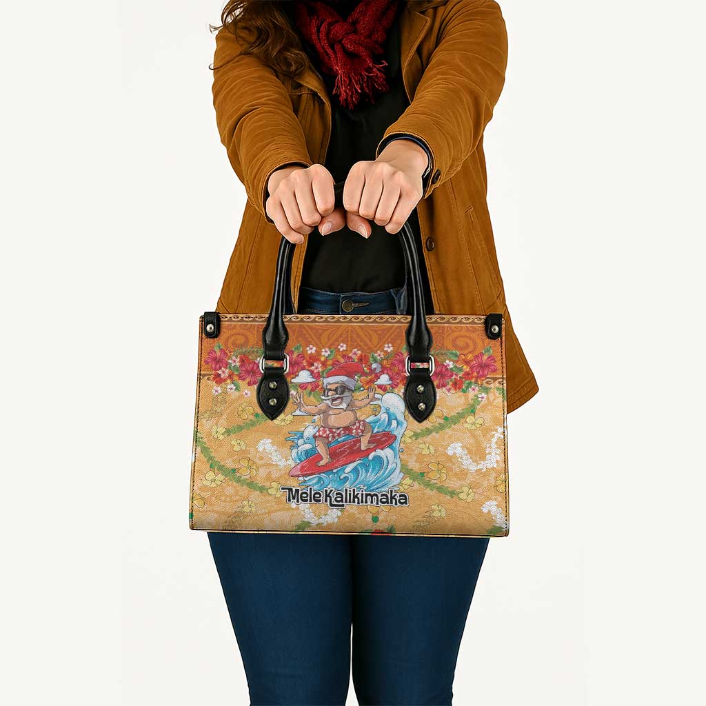 Hawaii Mele Kalikimaka Leather Bag Funny Santa Claus Surfing on Tropical Plants - Polynesian Pride