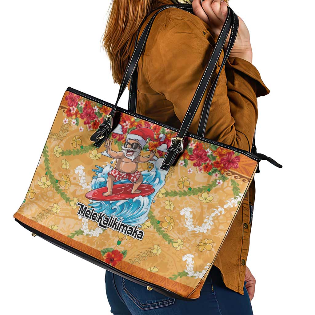 Hawaii Mele Kalikimaka Leather Tote Bag Funny Santa Claus Surfing on Tropical Plants - Polynesian Pride