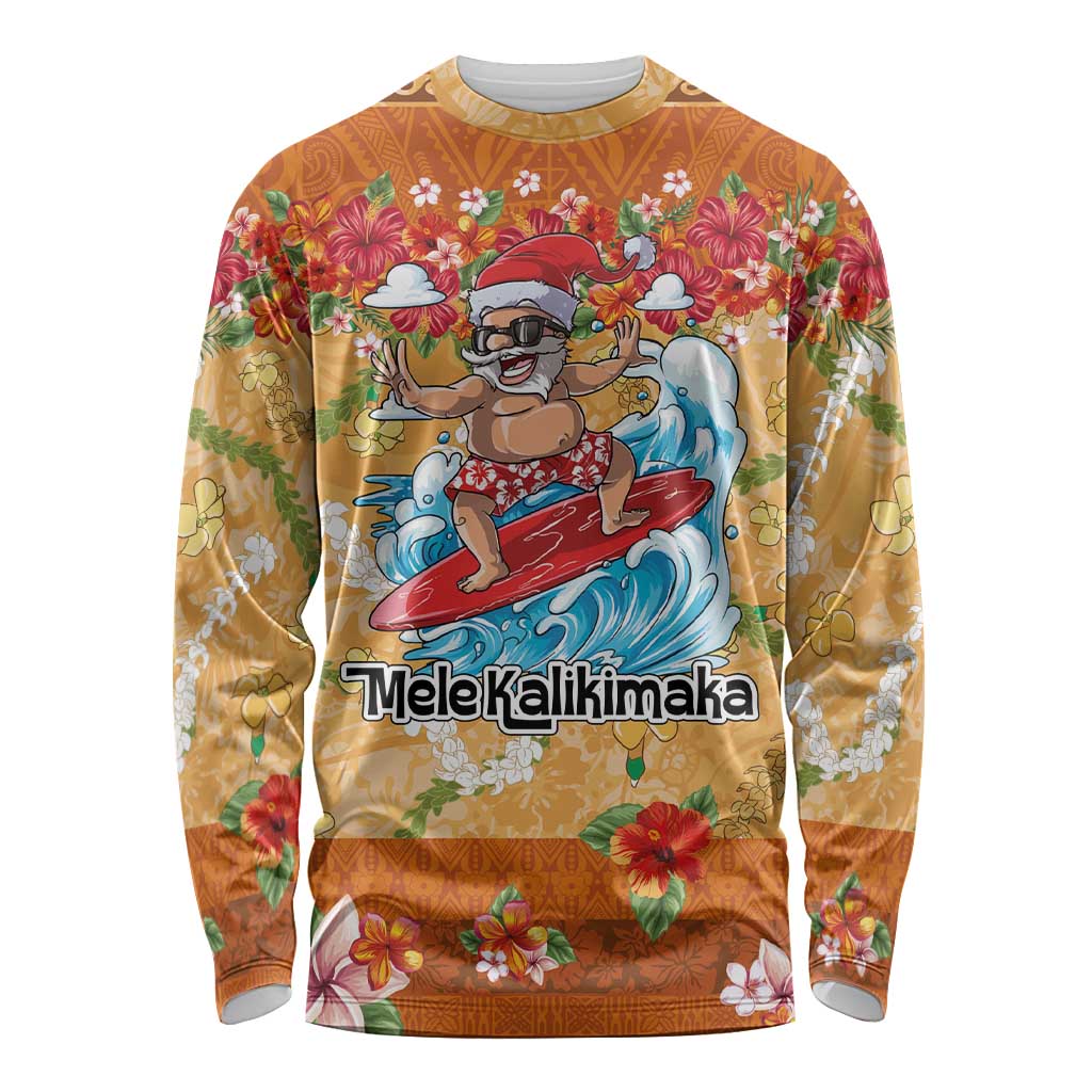 Hawaii Mele Kalikimaka Long Sleeve Shirt Funny Santa Claus Surfing on Tropical Plants LT03 Unisex Multicolor - Polynesian Pride