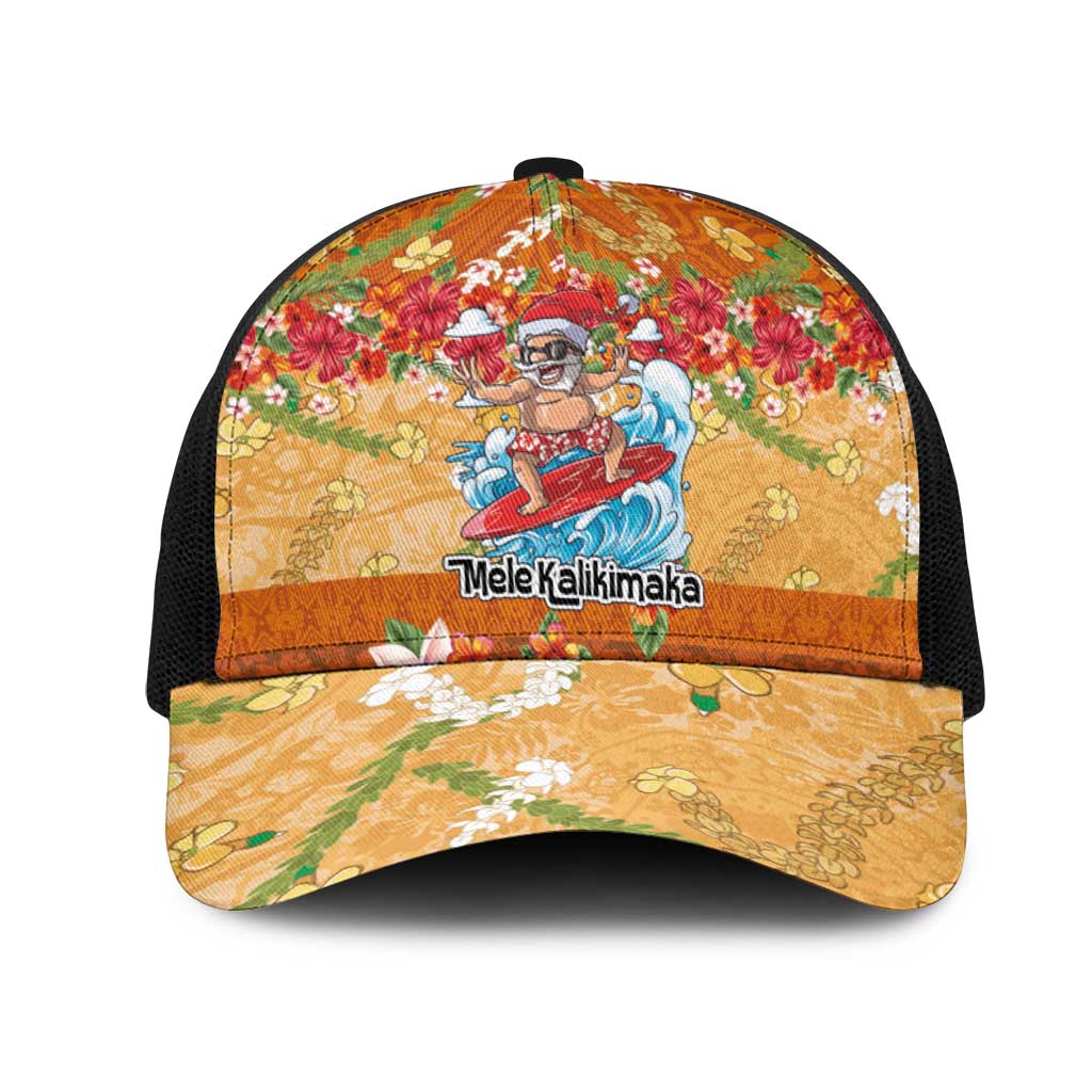 Hawaii Mele Kalikimaka Mesh Trucker Cap Funny Santa Claus Surfing on Tropical Plants - Polynesian Pride