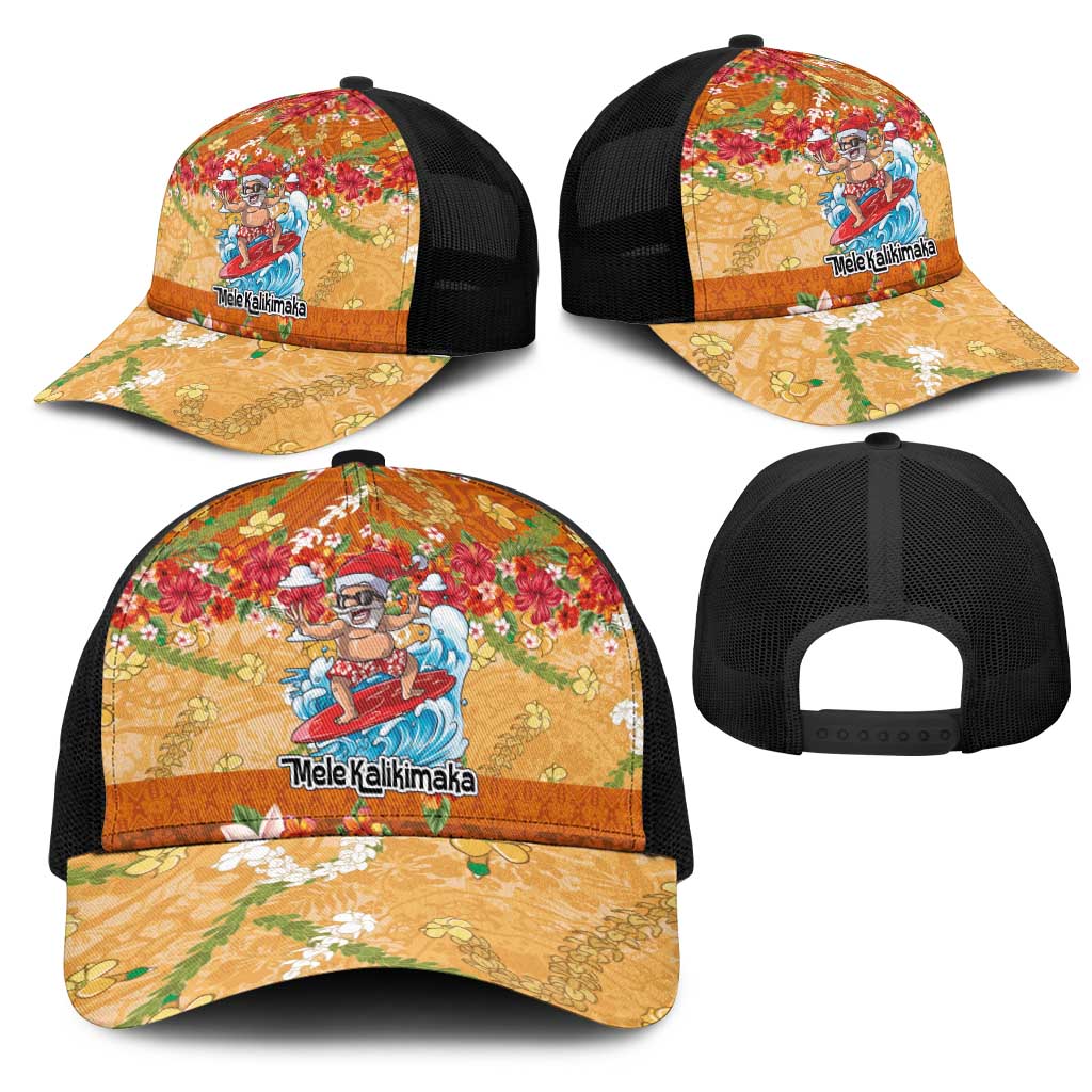 Hawaii Mele Kalikimaka Mesh Trucker Cap Funny Santa Claus Surfing on Tropical Plants - Polynesian Pride