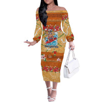 Hawaii Mele Kalikimaka Off The Shoulder Long Sleeve Dress Funny Santa Claus Surfing on Tropical Plants - Polynesian Pride