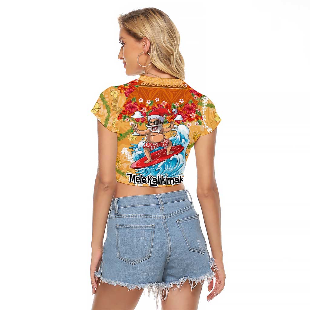 Hawaii Mele Kalikimaka Raglan Cropped T Shirt Funny Santa Claus Surfing on Tropical Plants - Polynesian Pride