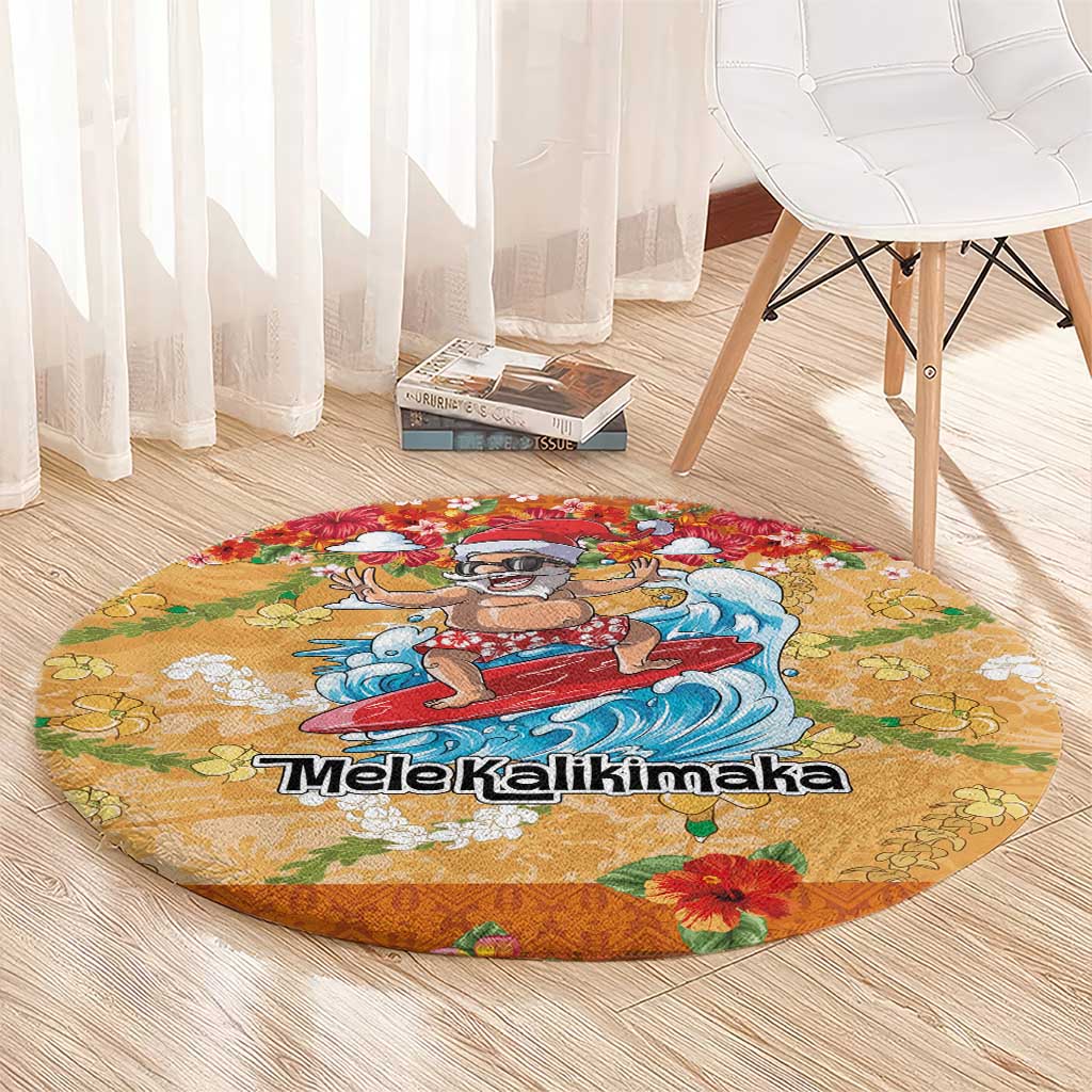 Hawaii Mele Kalikimaka Round Carpet Funny Santa Claus Surfing on Tropical Plants - Polynesian Pride