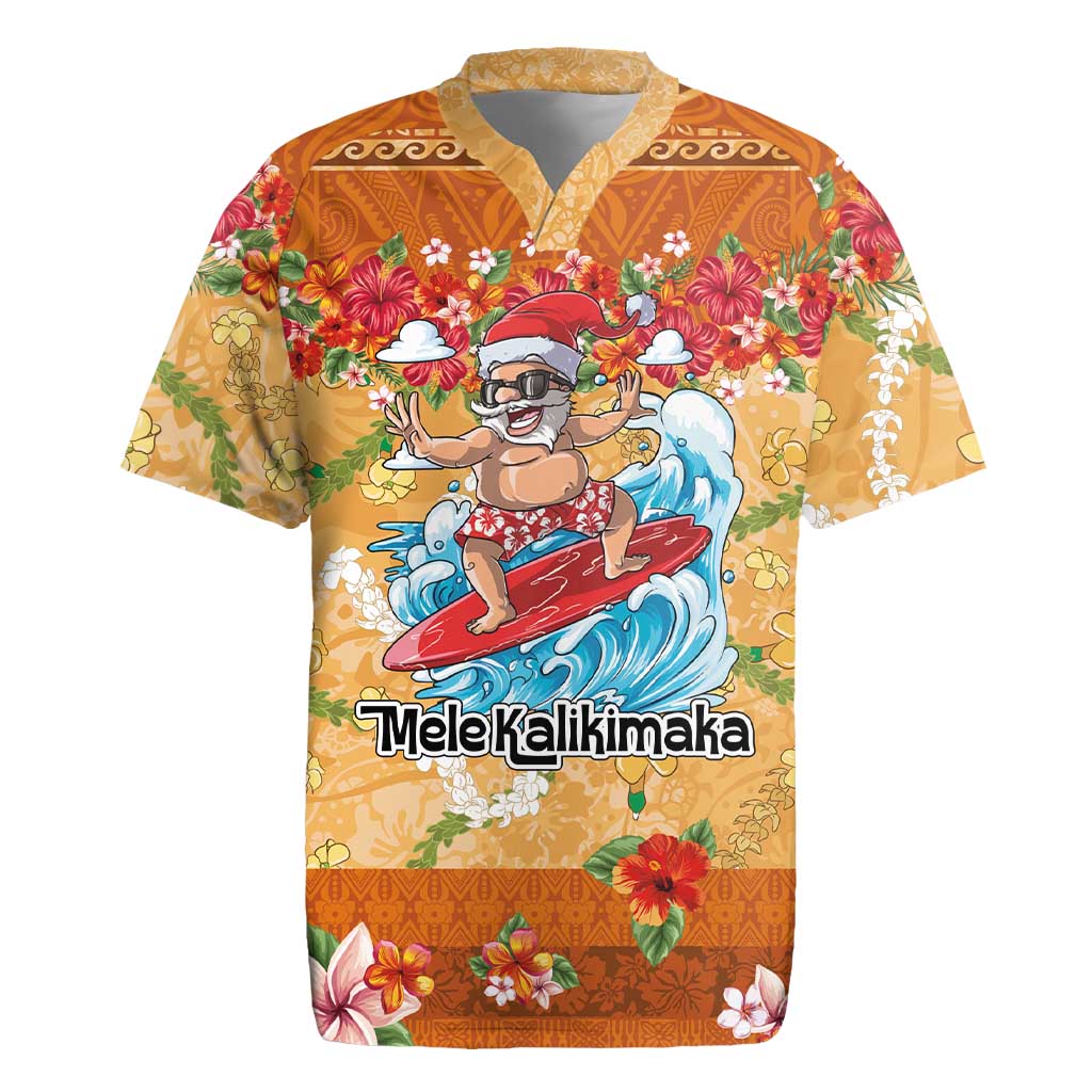 Hawaii Mele Kalikimaka Rugby Jersey Funny Santa Claus Surfing on Tropical Plants - Polynesian Pride