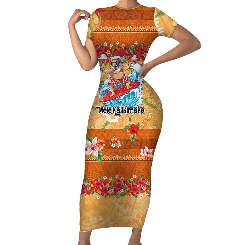 Hawaii Mele Kalikimaka Short Sleeve Bodycon Dress Funny Santa Claus Surfing on Tropical Plants - Polynesian Pride
