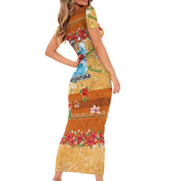 Hawaii Mele Kalikimaka Short Sleeve Bodycon Dress Funny Santa Claus Surfing on Tropical Plants - Polynesian Pride