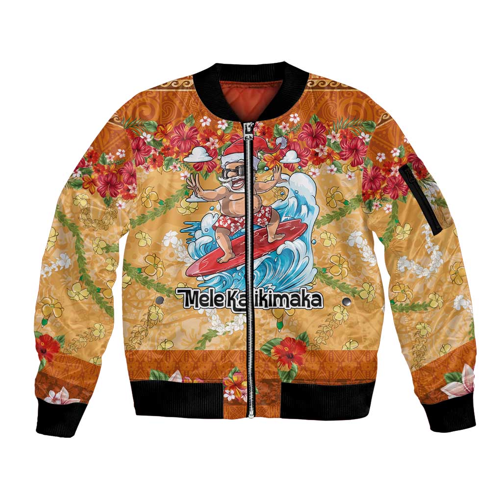 Hawaii Mele Kalikimaka Sleeve Zip Bomber Jacket Funny Santa Claus Surfing on Tropical Plants LT03 Unisex Multicolor - Polynesian Pride