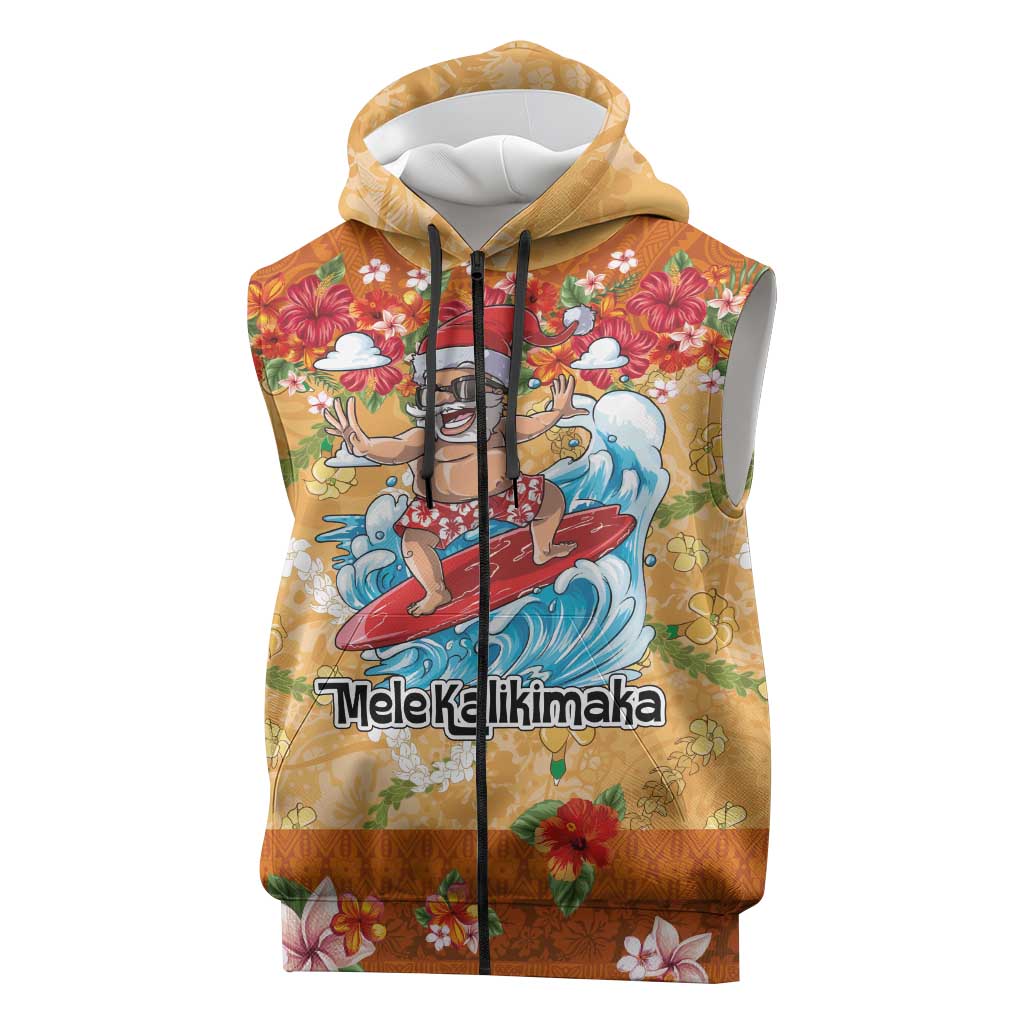 Hawaii Mele Kalikimaka Sleeveless Zip Hoodie Funny Santa Claus Surfing on Tropical Plants - Polynesian Pride