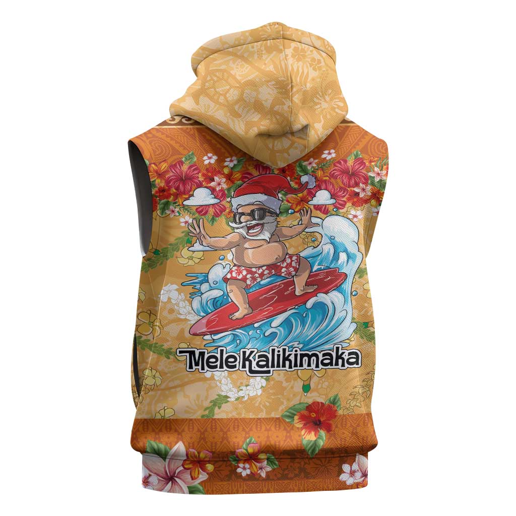Hawaii Mele Kalikimaka Sleeveless Zip Hoodie Funny Santa Claus Surfing on Tropical Plants - Polynesian Pride