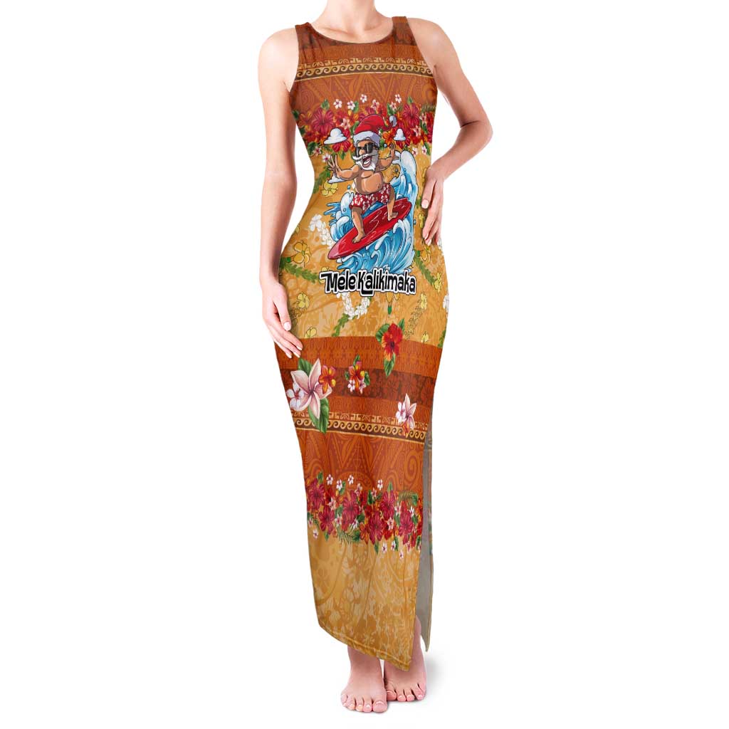 Hawaii Mele Kalikimaka Tank Maxi Dress Funny Santa Claus Surfing on Tropical Plants LT03 Women Multicolor - Polynesian Pride