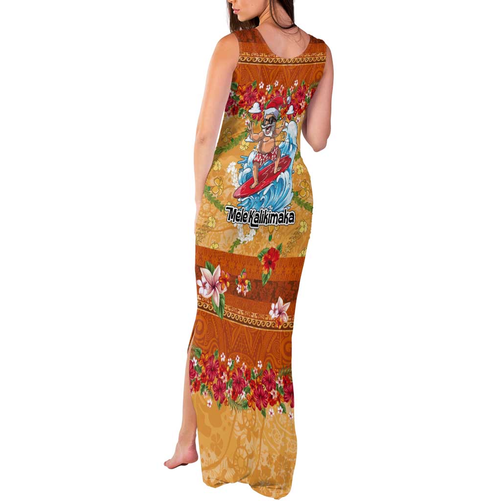 Hawaii Mele Kalikimaka Tank Maxi Dress Funny Santa Claus Surfing on Tropical Plants - Polynesian Pride