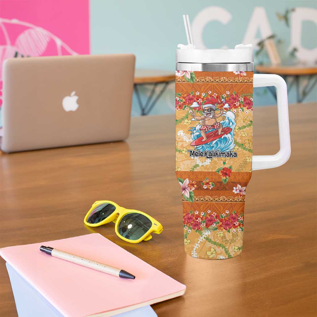 Hawaii Mele Kalikimaka Tumbler With Handle Funny Santa Claus Surfing on Tropical Plants - Polynesian Pride