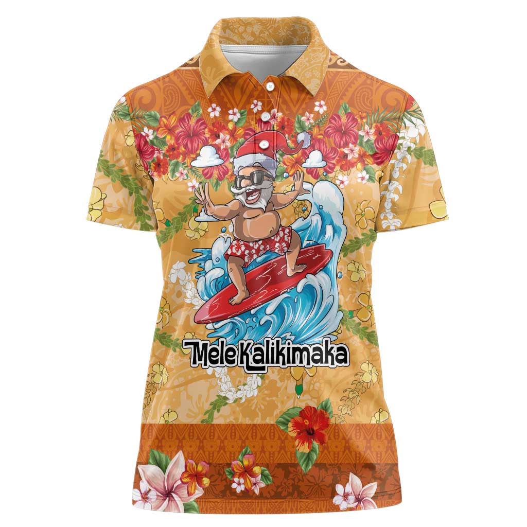 Hawaii Mele Kalikimaka Women Polo Shirt Funny Santa Claus Surfing on Tropical Plants LT03 Female Multicolor - Polynesian Pride