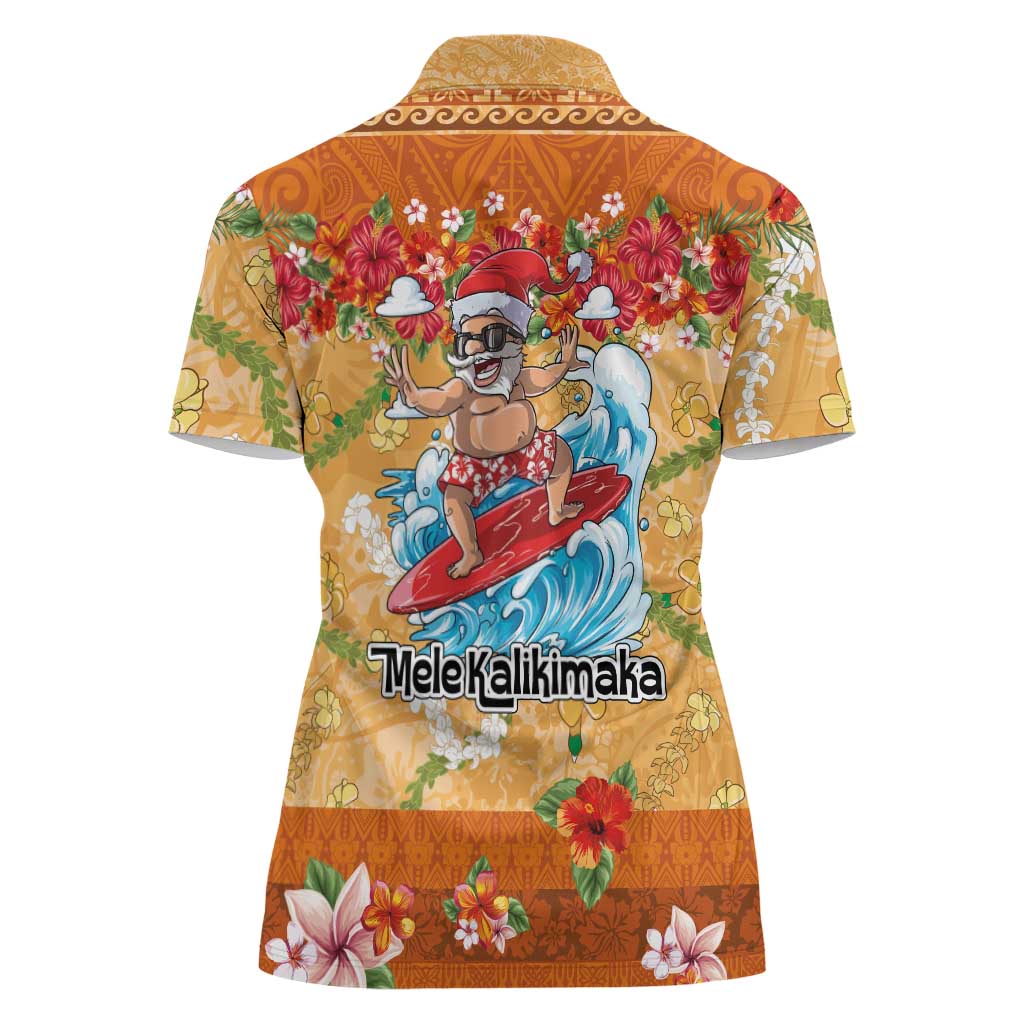 Hawaii Mele Kalikimaka Women Polo Shirt Funny Santa Claus Surfing on Tropical Plants LT03 - Polynesian Pride