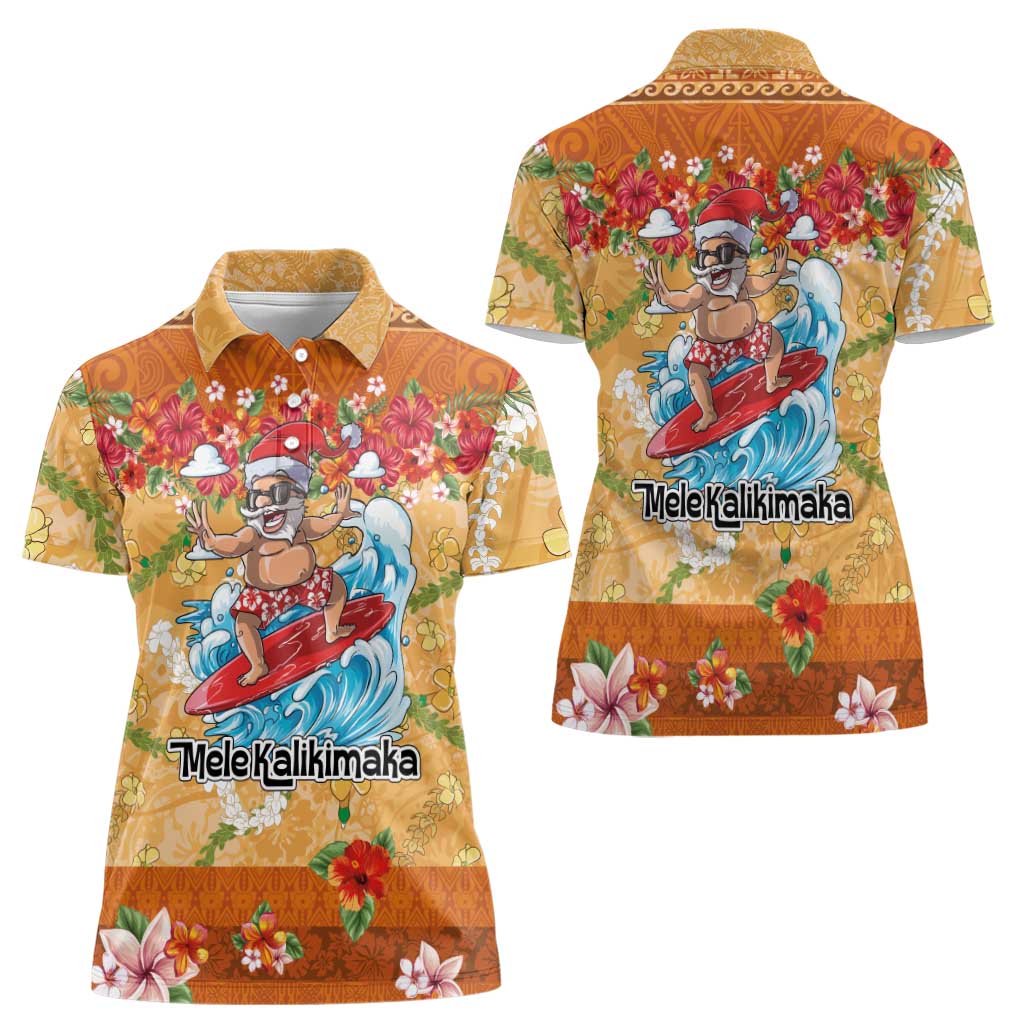 Hawaii Mele Kalikimaka Women Polo Shirt Funny Santa Claus Surfing on Tropical Plants LT03 - Polynesian Pride