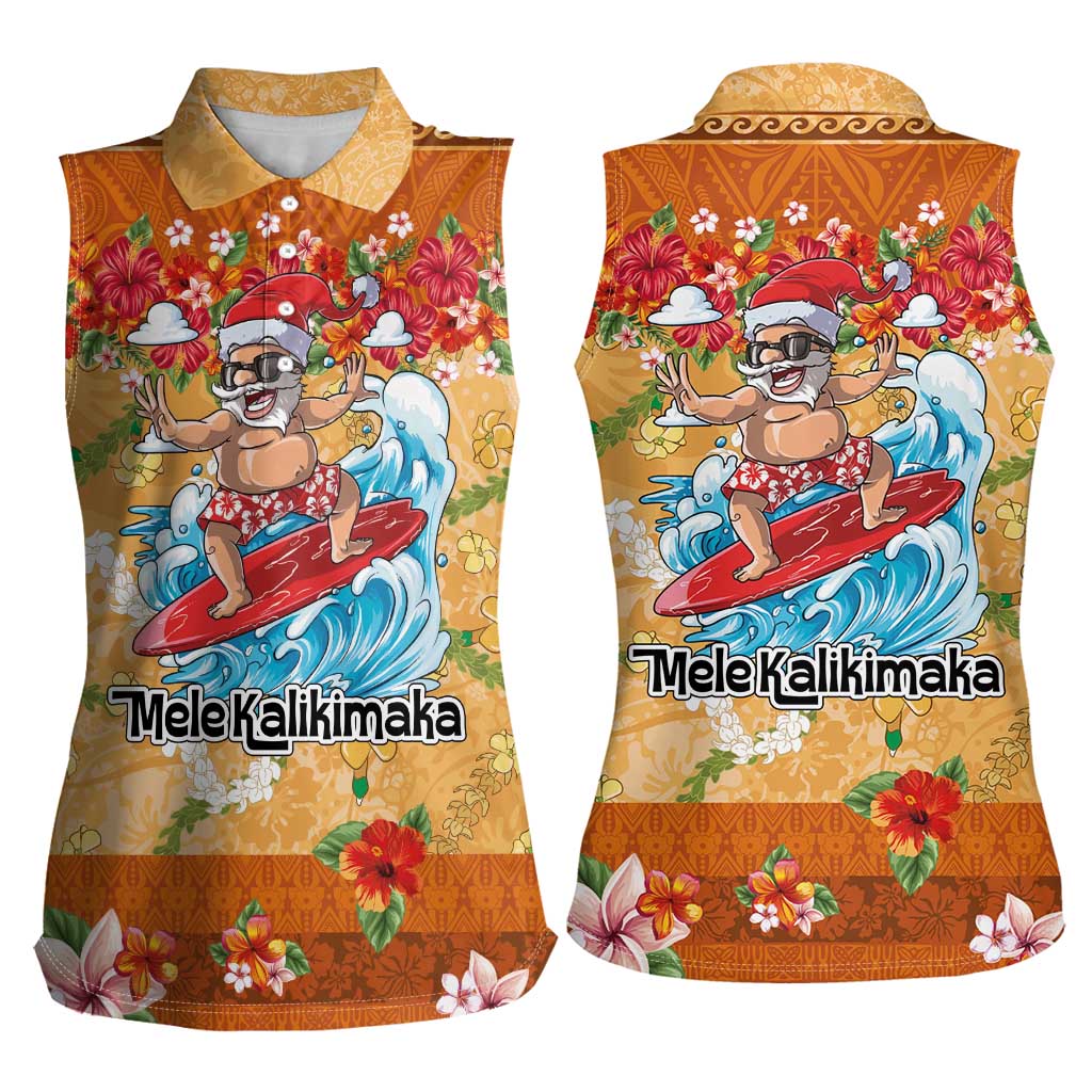 Hawaii Mele Kalikimaka Women Sleeveless Polo Shirt Funny Santa Claus Surfing on Tropical Plants LT03 - Polynesian Pride