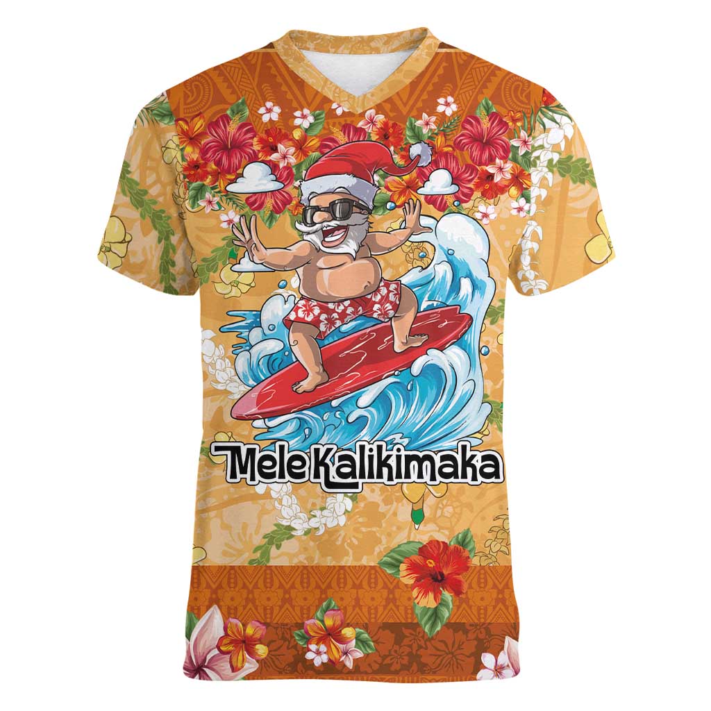 Hawaii Mele Kalikimaka Women V-Neck T-Shirt Funny Santa Claus Surfing on Tropical Plants - Polynesian Pride