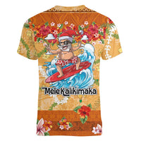 Hawaii Mele Kalikimaka Women V-Neck T-Shirt Funny Santa Claus Surfing on Tropical Plants LT03 - Polynesian Pride