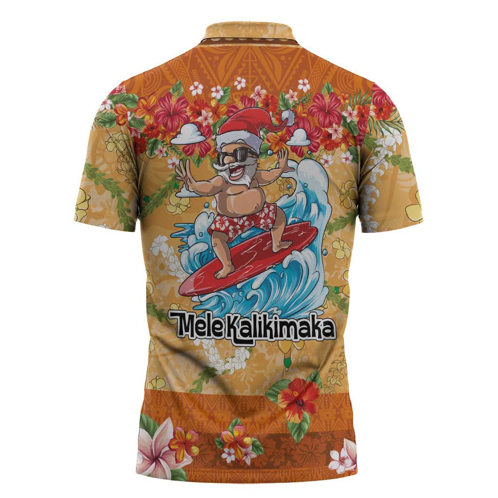Hawaii Mele Kalikimaka Zipper Polo Shirt Funny Santa Claus Surfing on Tropical Plants - Polynesian Pride