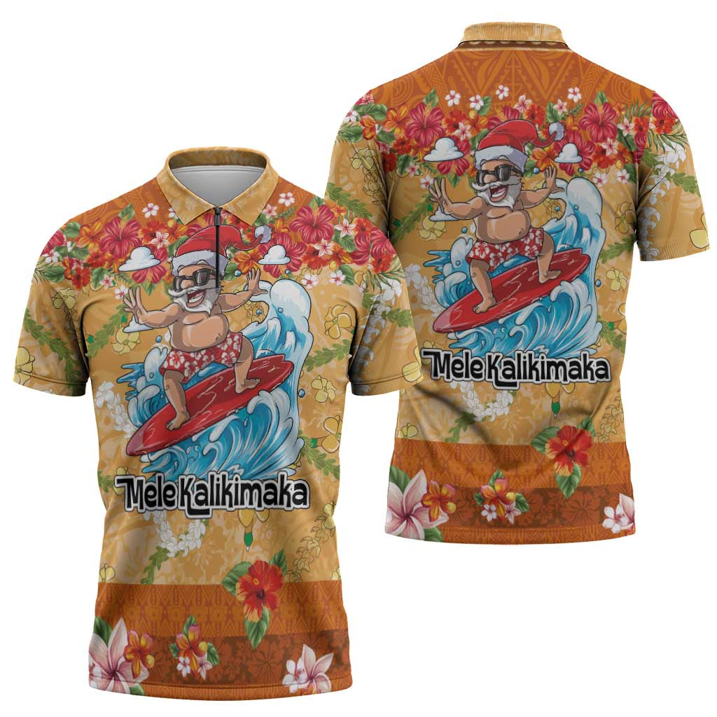 Hawaii Mele Kalikimaka Zipper Polo Shirt Funny Santa Claus Surfing on Tropical Plants - Polynesian Pride