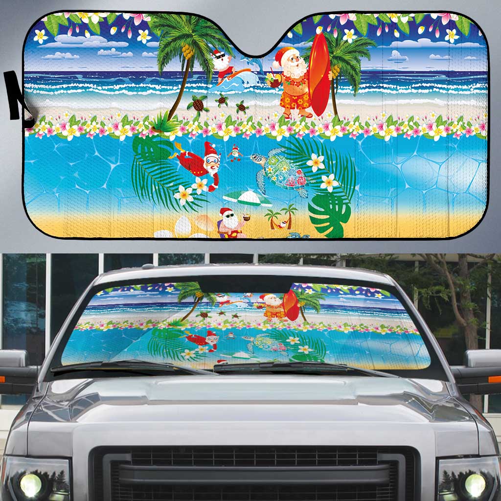 Polynesian Merry Christmas Auto Sun Shade Funny Santa Beach Tropical Plant and Turtle LT03 Multicolor - Polynesian Pride