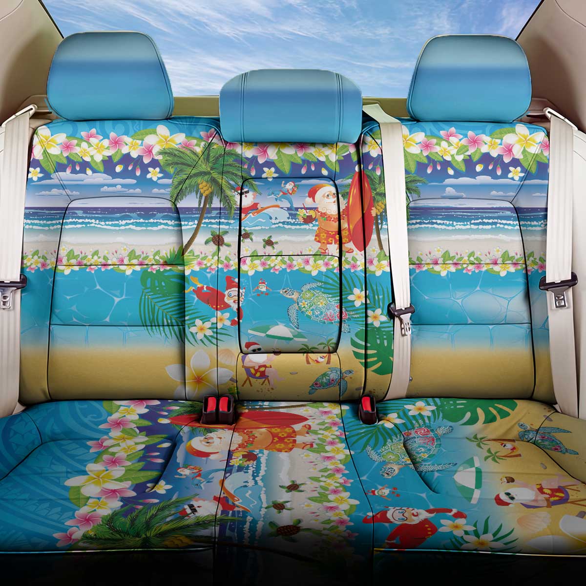 Polynesian Merry Christmas Back Car Seat Cover Funny Santa Beach Tropical Plant and Turtle LT03 One Size Multicolor - Polynesian Pride