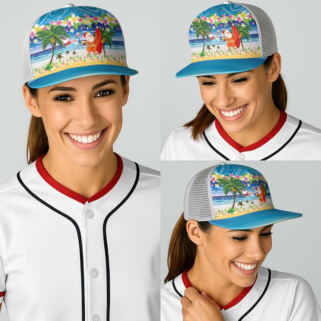Polynesian Merry Christmas Baseball Net Cap Funny Santa Beach Tropical Plant and Turtle - Polynesian Pride