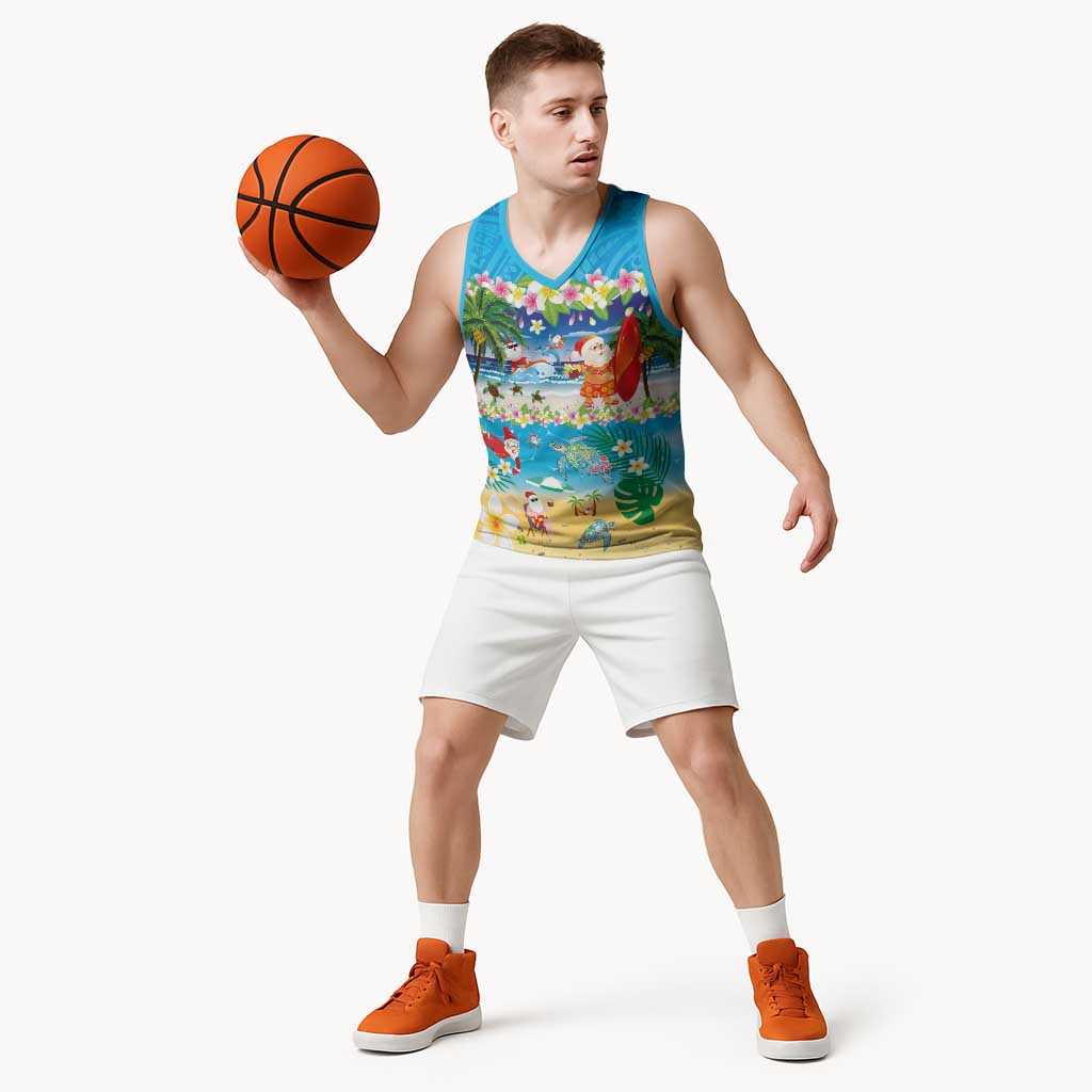 Polynesian Merry Christmas Basketball Jersey Funny Santa Beach Tropical Plant and Turtle - Polynesian Pride